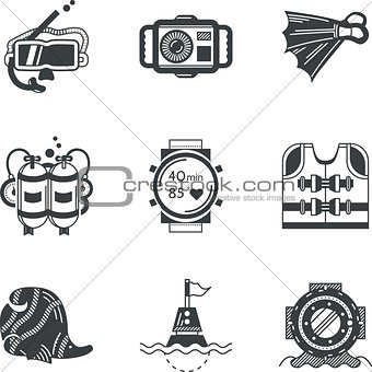 Diving objects black vector icons