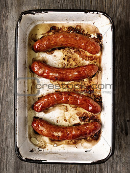 tray of rustic roasted sausages