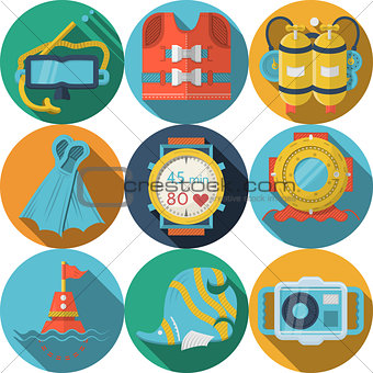 Colored flat vector icons for diving