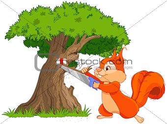Funny squirrel saws tree branch