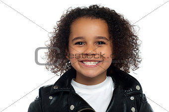Cheerful girl wearing black leather jacket