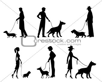 People silhouettes with dogs