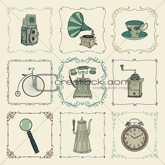 Vector Vintage Colorful Icons, Objects and Frames
