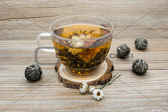 Jasmine tea on a wooden background