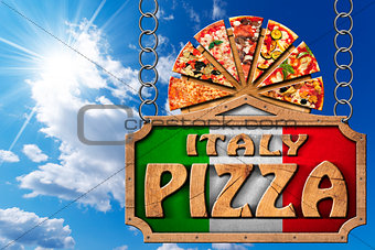Italy Pizza - Wooden Sign with Metal Chain