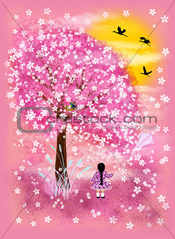 Little girl and flowering tree