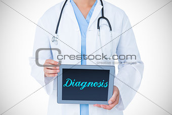 Diagnosis against doctor showing tablet pc