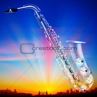 abstract sunrise background with city and saxophone