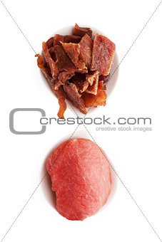 Beef jerky, isolated on white.