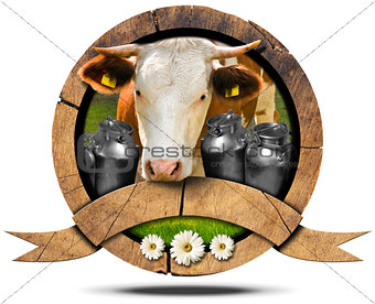 Dairy Products - Wooden Icon with Cow and Cans