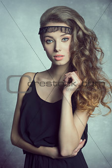woman with long wavy hair 