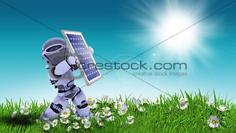 3D robot holding solar panel in daisy landscape