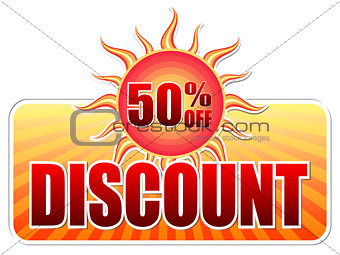 summer discount and 50 percentages off in label with sun