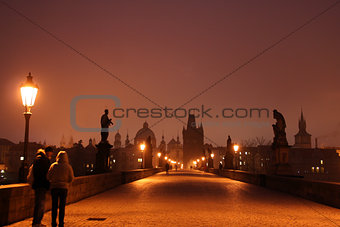 Dawn on Charles Bridge in Prague
