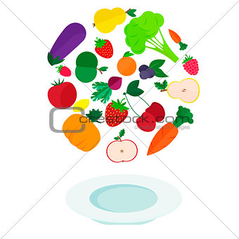 plate with fresh vegetables and fruits