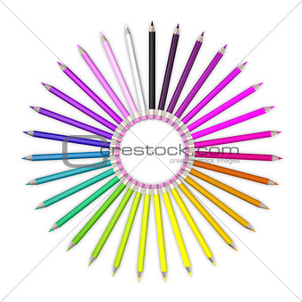 Set of coloured pencil. Pencils are aligned in a circle shaped and sorted