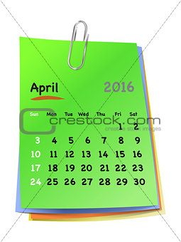 Calendar for april 2016 on colorful sticky notes