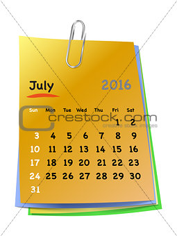 Calendar for july 2016 on colorful sticky notes
