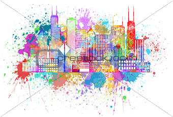 Chicago City Skyline Paint Splatter Color Illustration