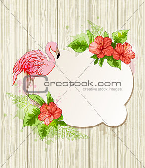Tropical flowers and pink flamingo