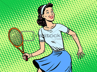 Young woman playing tennis retro style pop art