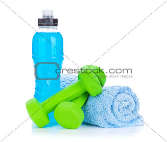 Two green dumbells, towel and water bottle