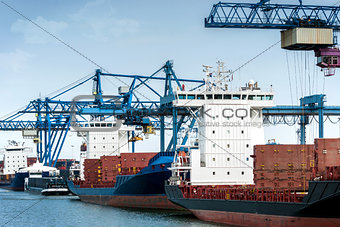 Container terminal with gantry cranes and unloaded cargo ships a