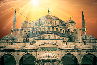 Fantastic view of Blue Mosque with sun and amazing sunbeams