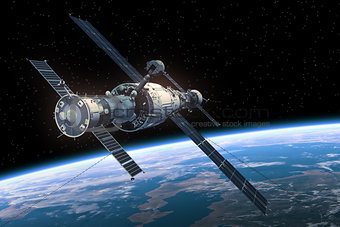 Space Station Orbiting Earth. 3D Scene.