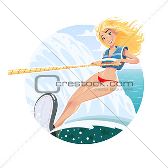 Beautiful waterskier girl on water ski