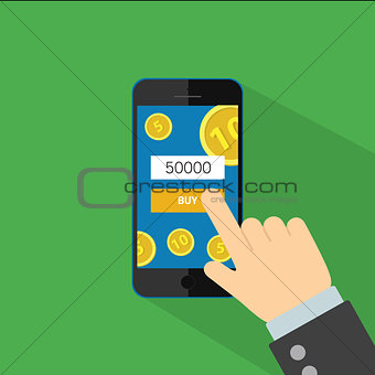 Phone in hand for buy, vector flat