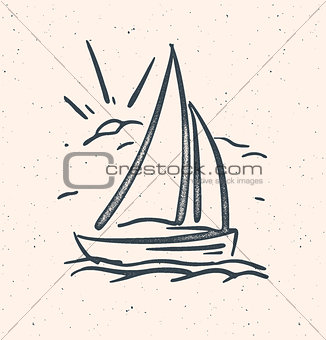 Vector illustration with hand drawn sail boat. Isolated.