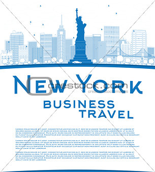 Outline New York city skyline with blue buildings and copy space