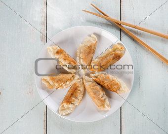 Top view Asian cuisine pan fried dumplings