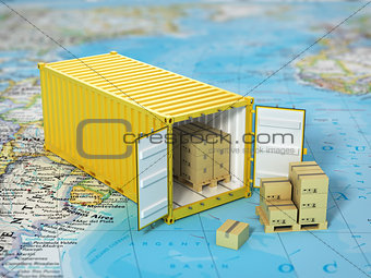 Open container with cardboard boxes on the world map. Transporta