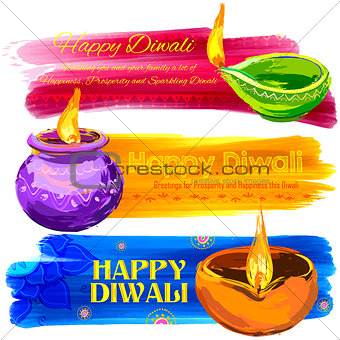 Happy Diwali banner coloful watercolor diya