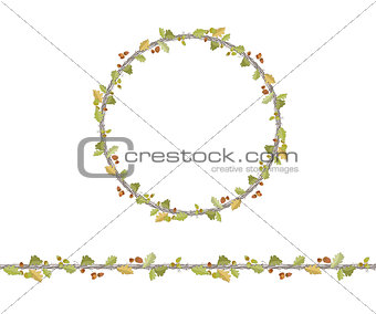 Round season wreath with oak leaves,twigs  and acorns isolated on white
