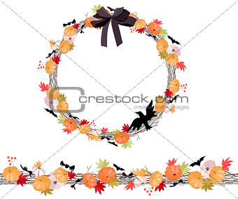 Round Halloween wreath with pumkins isolated on white. Endless horizontal pattern brush.