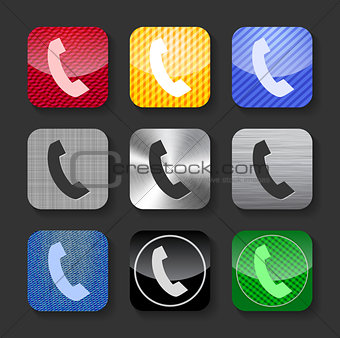 Phone handset sign on glossy and metallic icons