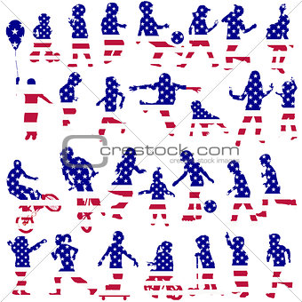 Set of children silhouettes patterned in USA flag