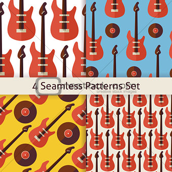 Four Vector Flat Seamless Music Instrument Rock Guitar Patterns 