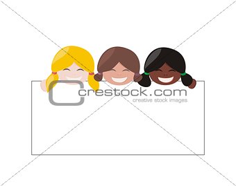 Mulicultural vector girls with white empty banner