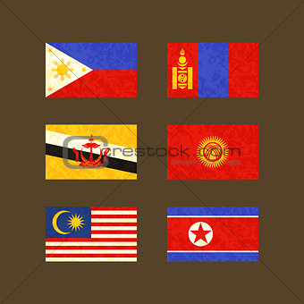 Flags of Philippines, Brunei, Malaysia, Mongolia, Kyrgyzstan and North Korea