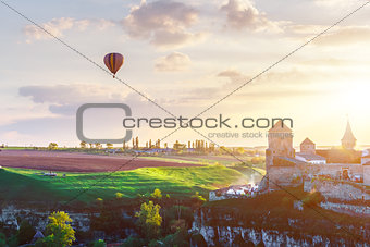 Castle in Kamianets Podilskyi and air balloon