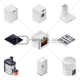 Household appliances detailed isometric icons set, part 1
