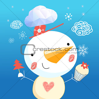 Christmas blue card with snowman