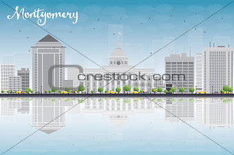 Montgomery Skyline with Grey Building, Blue Sky and reflections