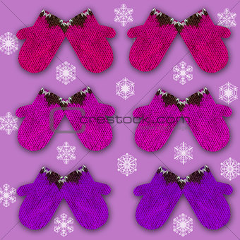 pattern with decorative ornamented mittens on purple background with snowflakes