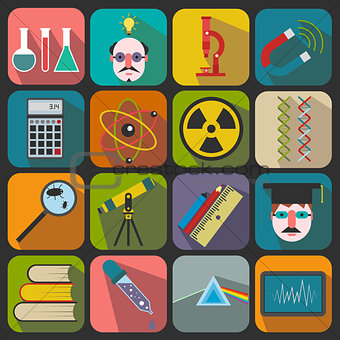 Set of flat science icons on a color background