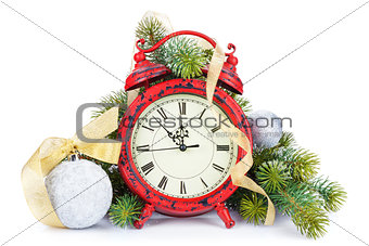 Christmas clock, bauble decor and snow fir tree